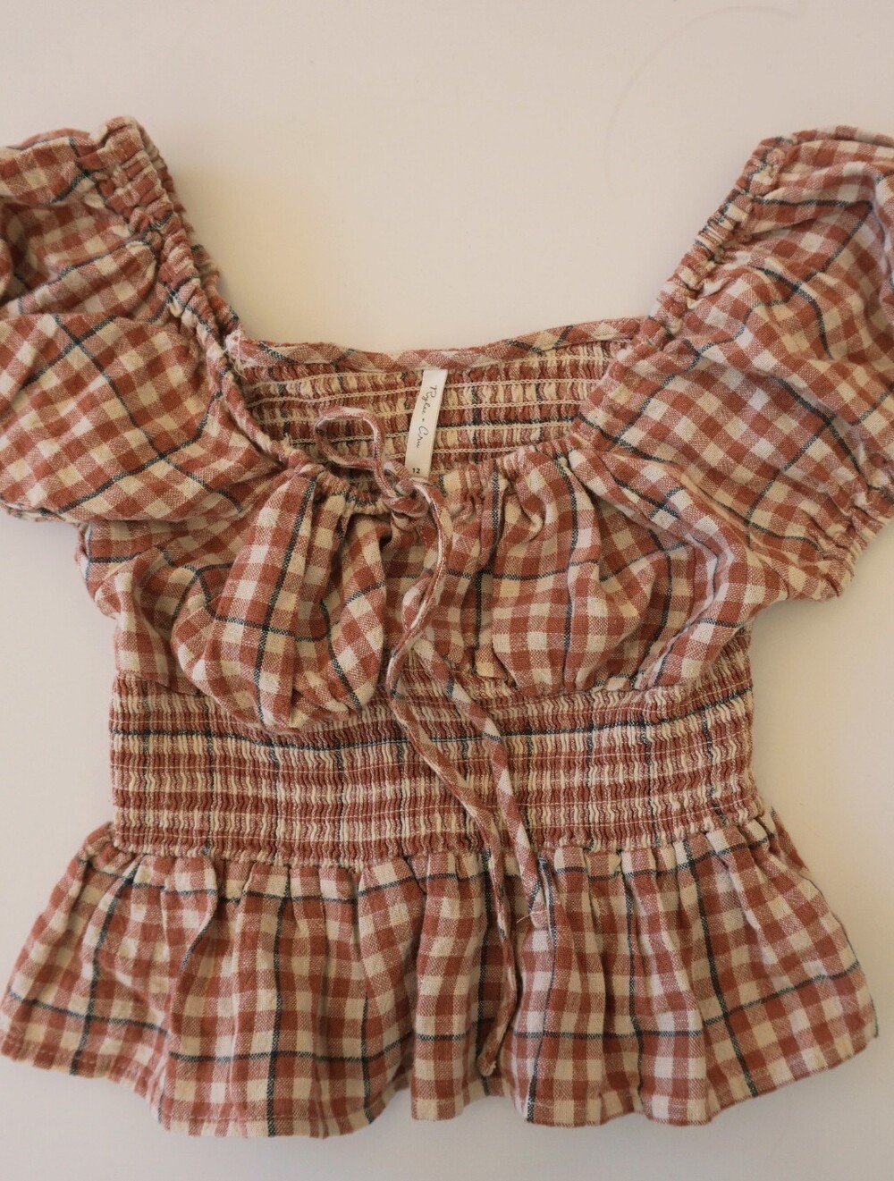 size 12 Rylee + Cru Rust and Cream Gingham Smocked Peplum Top